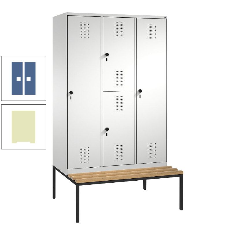 Garderobenschrank, Spind ein- und doppelstöckig Sitzbank, 3 Abteile, 4 Fächer, 2.090x1.200x500 mm (HxBxT), Front anthrazitgrau, Korpus anthrazitgrau