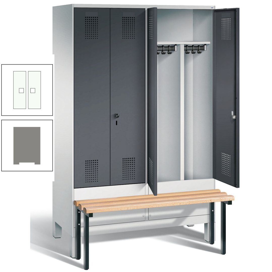 Doppel-Spind, Garderobenschrank, Buche Sitzbank vorgebaut, 4 Abteile a 300 mm, Korpus feuerrot, Tür Wasserblau, 1.850 x 1.200 x 815 mm (HxBxT)