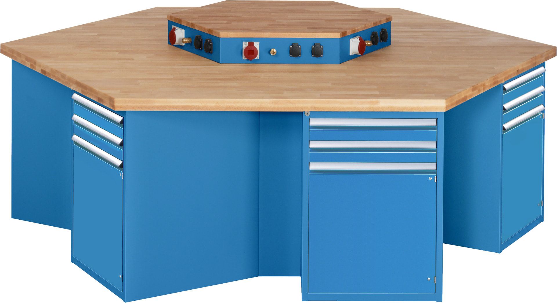 Gruppenwerkbank, Buche, Höhe 840 mm, mit Energieaufsatz, Unterbau-Container, 2 Schubladen, 1 Tür, 1 Boden - Anthrazitgrau
