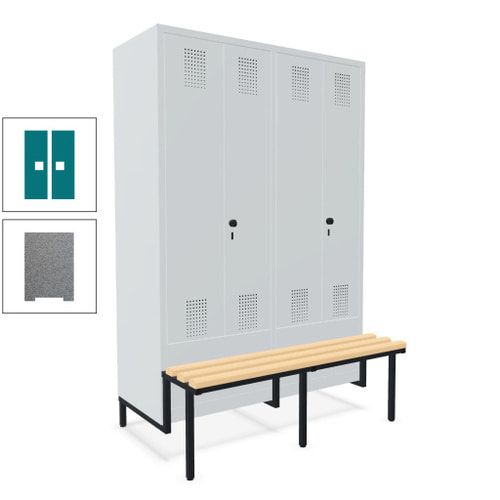 Doppel-Spind, Garderobenschrank, Buche Sitzbank integriert, 4 Abteile 300 mm, Korpus anthrazitgrau, Tür anthrazitgrau, 1.850 x 1.200 x 815 mm (HxBxT)
