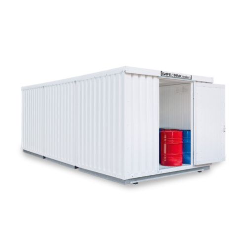 Isolierter Gefahrstoffcontainer - 2.510 x 4.050 x 6.520 mm (HxBxT) - Auffangvolumen 3 x 1.050 l - ohne Lüftung - Doppelflügeltür kurze Seite