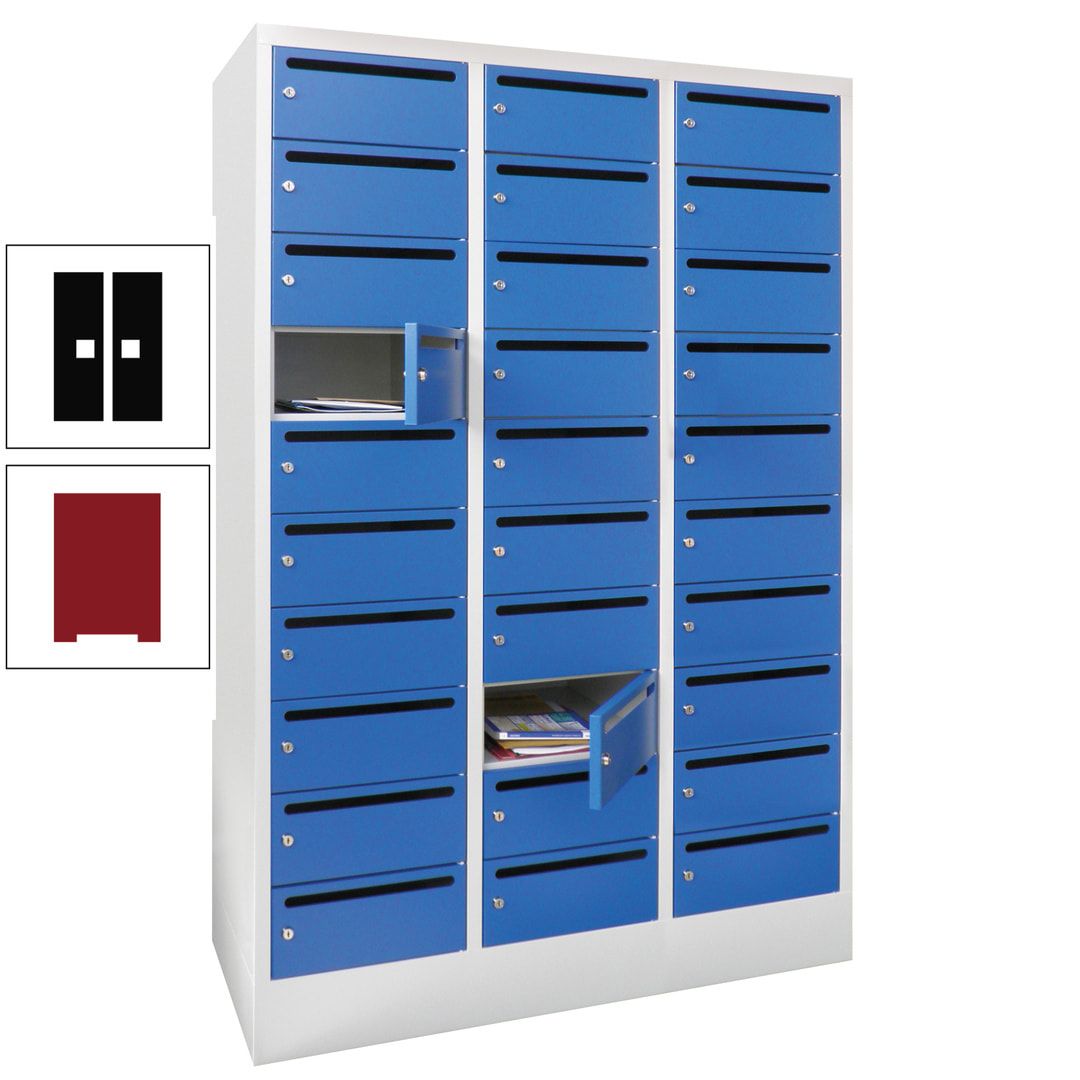 Postverteilerschrank, Schließfachschrank, 3 Abteile a 300 mm, 30 Fächer, 1.850 x 900 x 500 mm (HxBxT), Korpus anthrazitgrau, Front anthrazitgrau