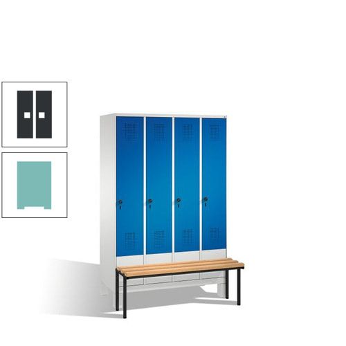 Stahl-Garderobenschrank, Spind, Buche Sitzbank vorgebaut, 4 Abteile a 300 mm, Korpus Lichtgrün, Tür Schwefelgelb, 1.850 x 1.200 x 815 mm (HxBxT)