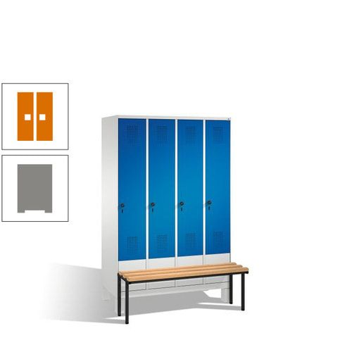 Stahl-Garderobenschrank, Spind, Buche Sitzbank vorgebaut, 4 Abteile a 300 mm, Korpus Lichtgrün, Tür Schwefelgelb, 1.850 x 1.200 x 815 mm (HxBxT)
