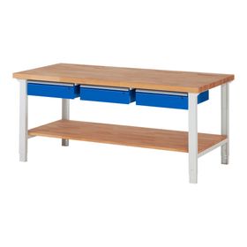 Werkbank mit Ablage - 3 Schubladen - 150:3 - höhenverstellbar 790 - 1.140 mm - 2.000 x 900 mm (BxT) - 750 kg - Buche - Farbe wählbar