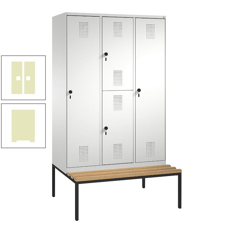Garderobenschrank, Spind ein- und doppelstöckig Sitzbank, 3 Abteile, 4 Fächer, 2.090x1.200x500 mm (HxBxT), Front anthrazitgrau, Korpus anthrazitgrau