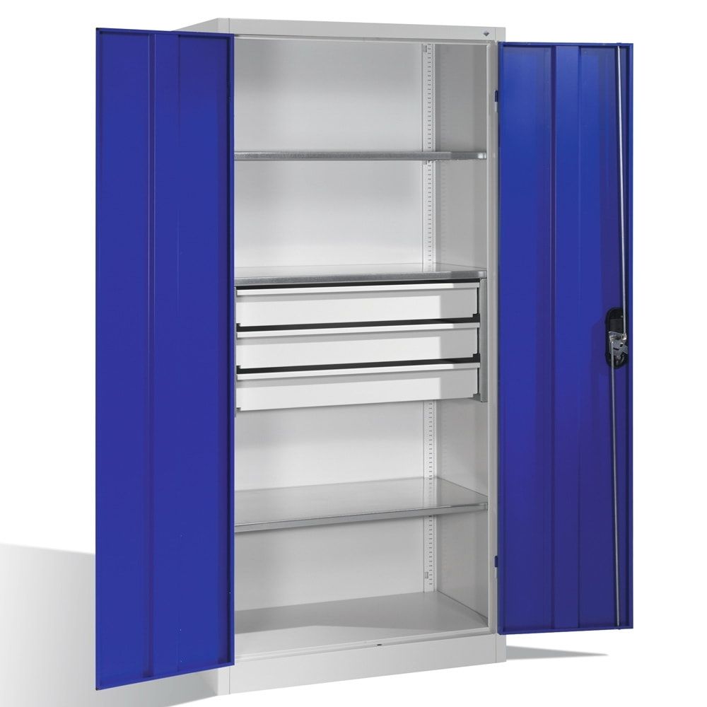 C+P Großraum Werkzeugschrank, Maschinenschrank, 3 Fachböden, 3 Schubladen mittig, Farbe lichtgrau, 1.950 x 1.200 x 500 (HxBxT)
