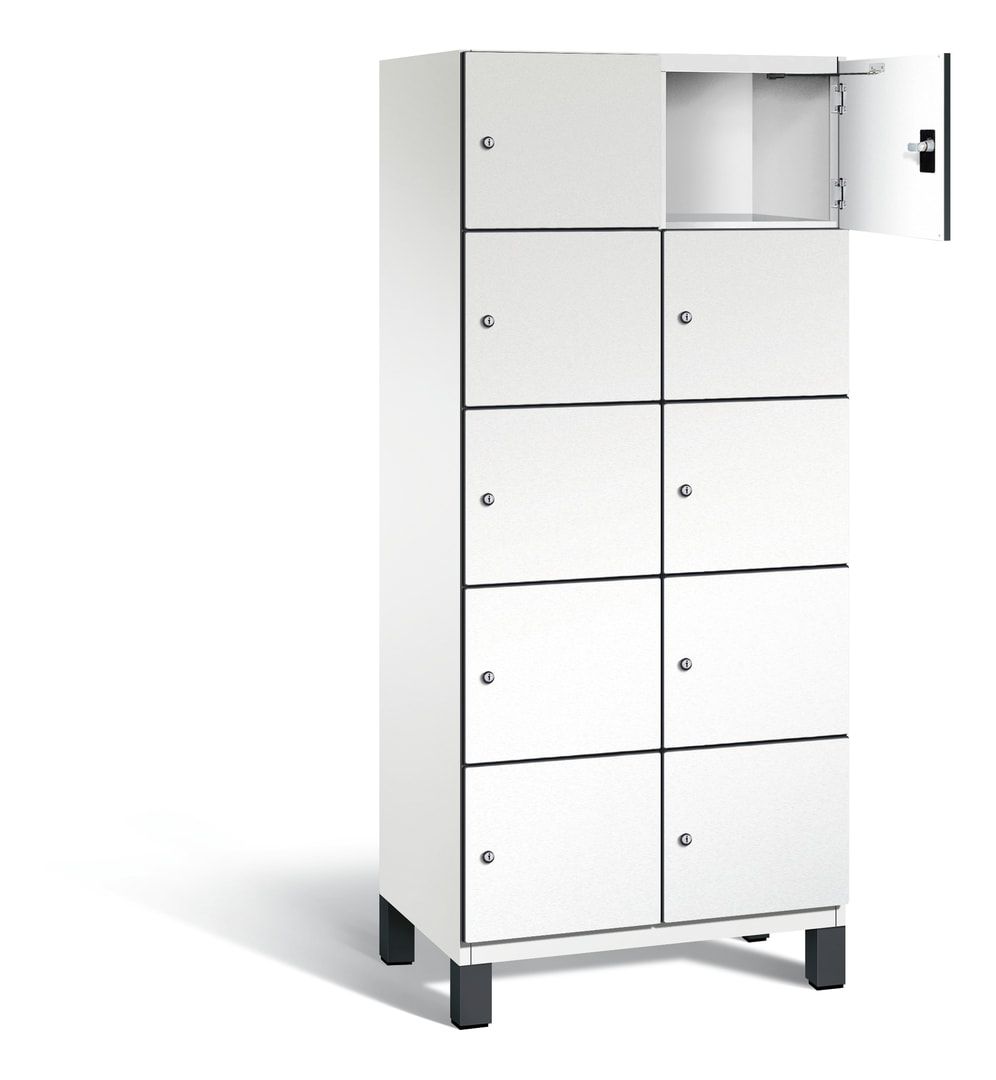 Fächerschrank, Stahlschrank, 10 Fächer, Türöffnungsbegrenzer, Füße, 1.980 x 800 x 525 mm, Korpus anthrazitgrau, Dekorfront HPL Donau-Ahorn
