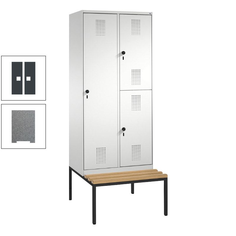 Garderobenschrank, Spind ein- und doppelstöckig Sitzbank, 2 Abteile, 3 Fächer, 2.090 x 800 x 500 mm (HxBxT), Front anthrazitgrau, Korpus anthrazitgrau