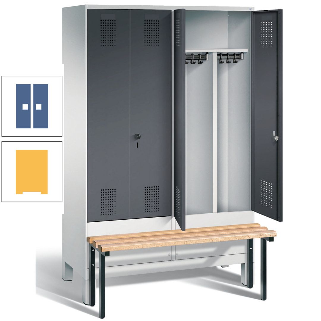 Doppel-Spind, Garderobenschrank, Buche Sitzbank vorgebaut, 4 Abteile a 300 mm, Korpus feuerrot, Tür Wasserblau, 1.850 x 1.200 x 815 mm (HxBxT)