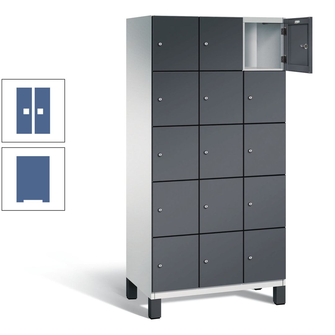 Fächerschrank, Stahlschrank, 15 Fächer, Türöffnungsbegrenzer, Füße, 1.980 x 900 x 525 mm (HxBxT), Korpus anthrazitgrau, Front anthrazitgrau