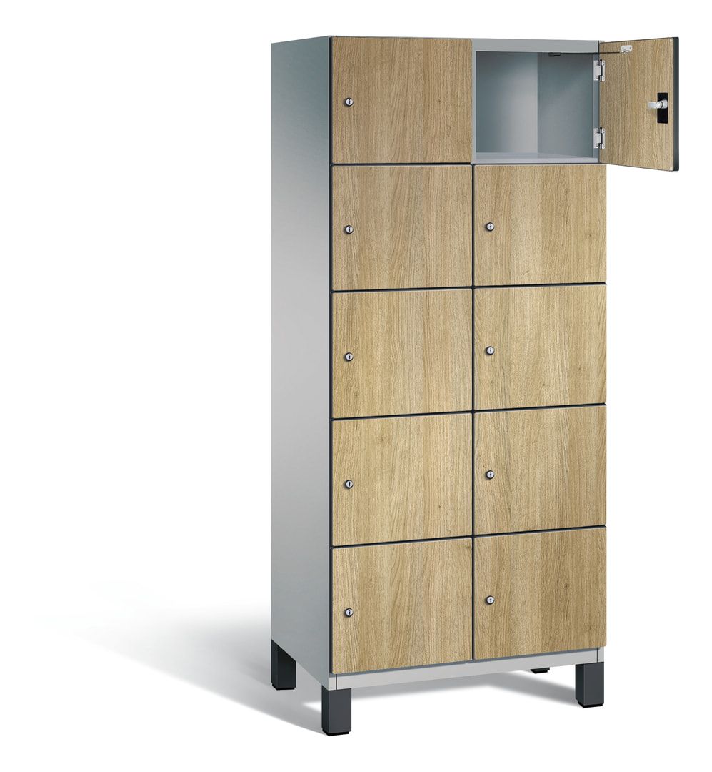 Fächerschrank, Stahlschrank, 10 Fächer, Türöffnungsbegrenzer, Füße, 1.980 x 800 x 525 mm, Korpus anthrazitgrau, Dekorfront HPL Donau-Ahorn