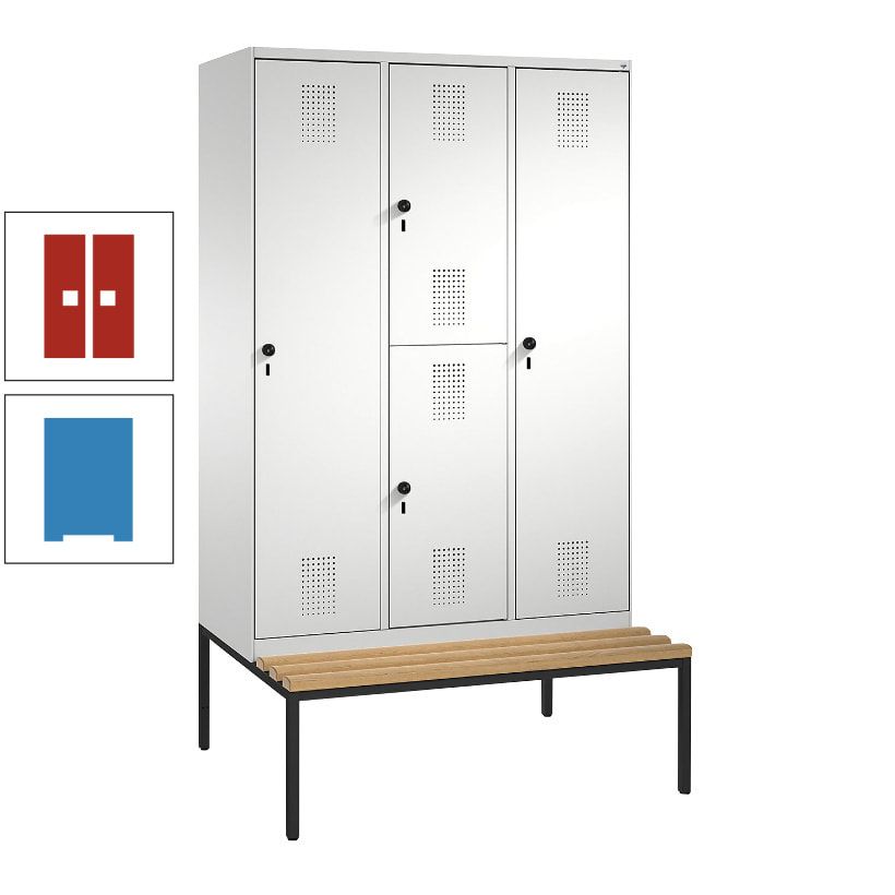 Garderobenschrank, Spind ein- und doppelstöckig Sitzbank, 3 Abteile, 4 Fächer, 2.090x1.200x500 mm (HxBxT), Front anthrazitgrau, Korpus anthrazitgrau