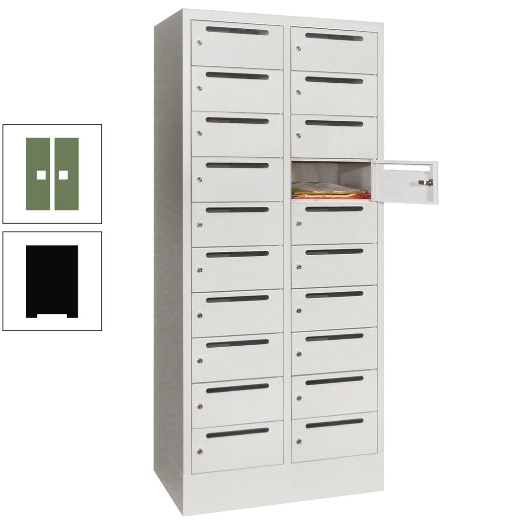 Postverteilerschrank, Schließfachschrank, 2 Abteile a 400 mm, 20 Fächer, 1.850 x 800 x 500 mm (HxBxT), Korpus anthrazitgrau, Front anthrazitgrau