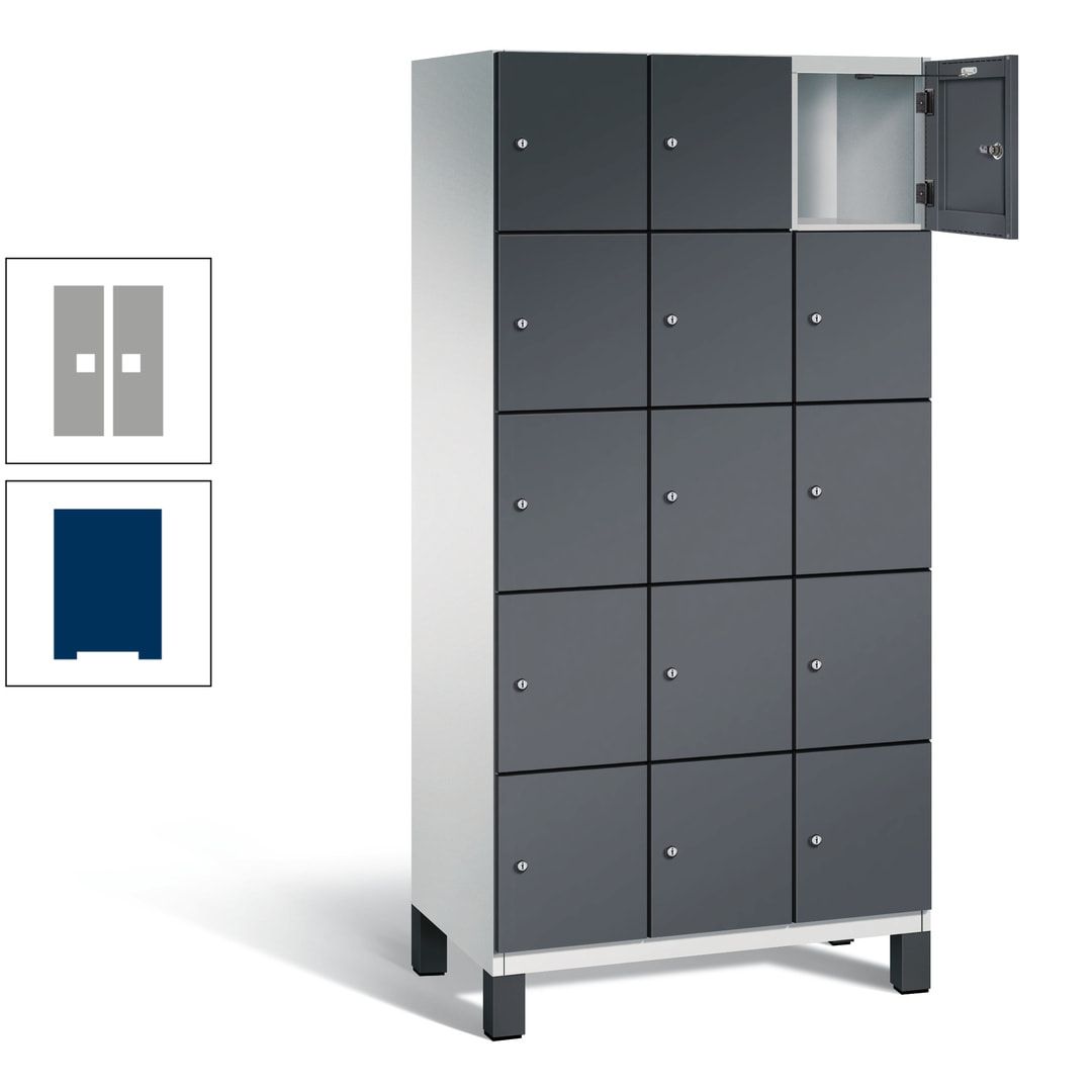 Fächerschrank, Stahlschrank, 15 Fächer, Türöffnungsbegrenzer, Füße, 1.980 x 900 x 525 mm (HxBxT), Korpus anthrazitgrau, Front anthrazitgrau
