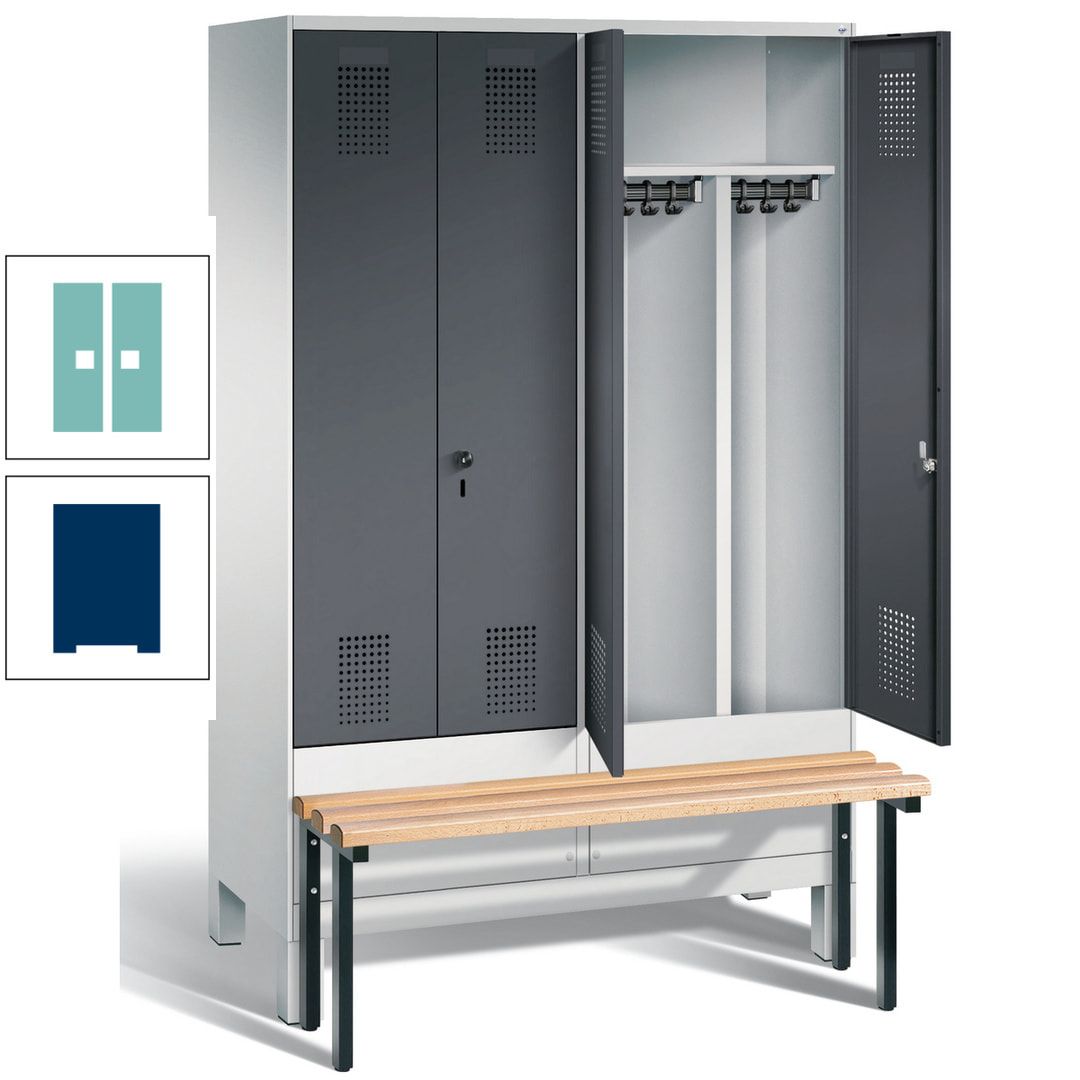 Doppel-Spind, Garderobenschrank, Buche Sitzbank vorgebaut, 4 Abteile a 300 mm, Korpus feuerrot, Tür Wasserblau, 1.850 x 1.200 x 815 mm (HxBxT)