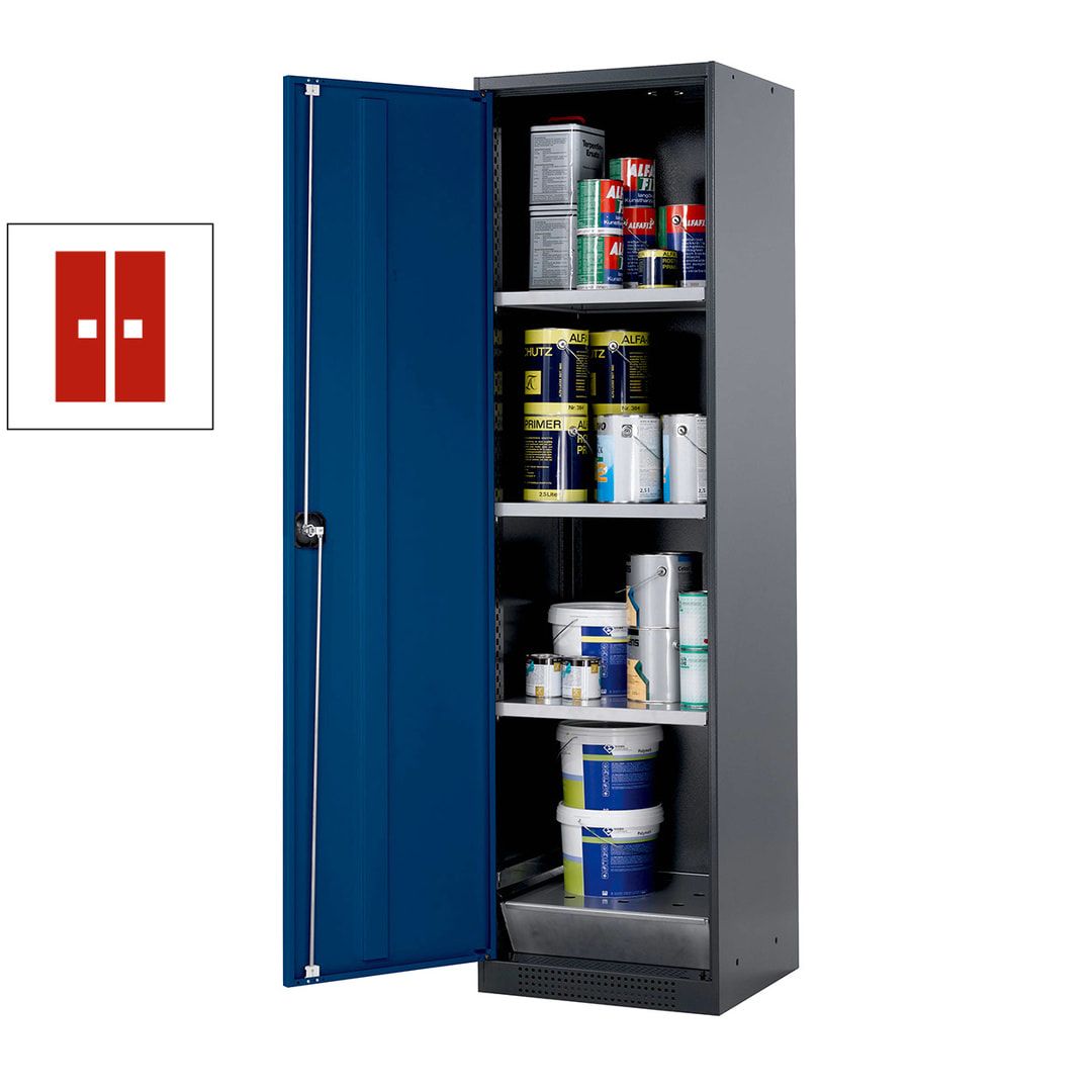Chemikalienschrank - Flügeltür, enzianblau - Türanschlag links - 3 Fachböden - Gitterrost - 1.950 x 545 x 520 mm (HxBxT)