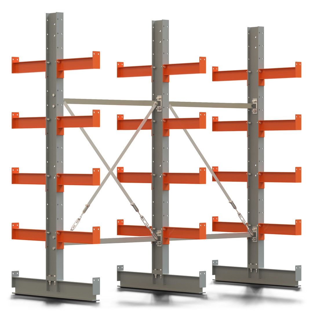 Doppelseitiges Kragarmregal, 2 Felder, 2.000 x 2.000 x 1.120 mm (HxBxT), Nutztiefe 500 mm, Kragarmlast 870 kg, KARL basic, silbergrau/reinorange