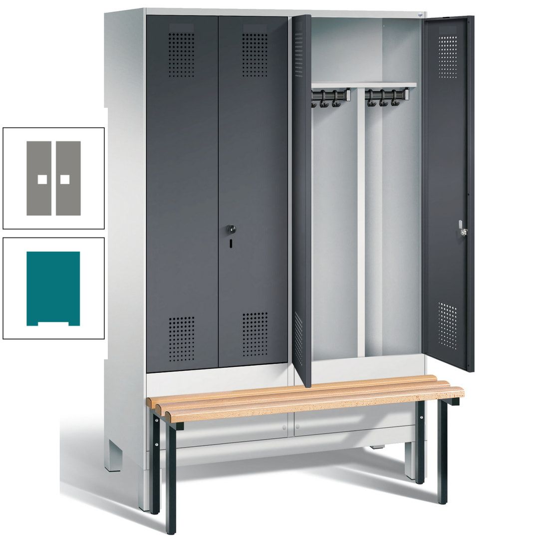 Doppel-Spind, Garderobenschrank, Buche Sitzbank vorgebaut, 4 Abteile a 300 mm, Korpus feuerrot, Tür Wasserblau, 1.850 x 1.200 x 815 mm (HxBxT)