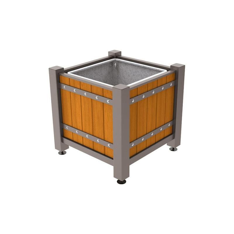 Pflanzbehälter, Pflanzgefäß, verzinkt, Eichenholzverkleidung, innen feuerverzinkt mit Verladungsgriffen , 855 x 880 x 880 mm(HxBxT), enzianblau