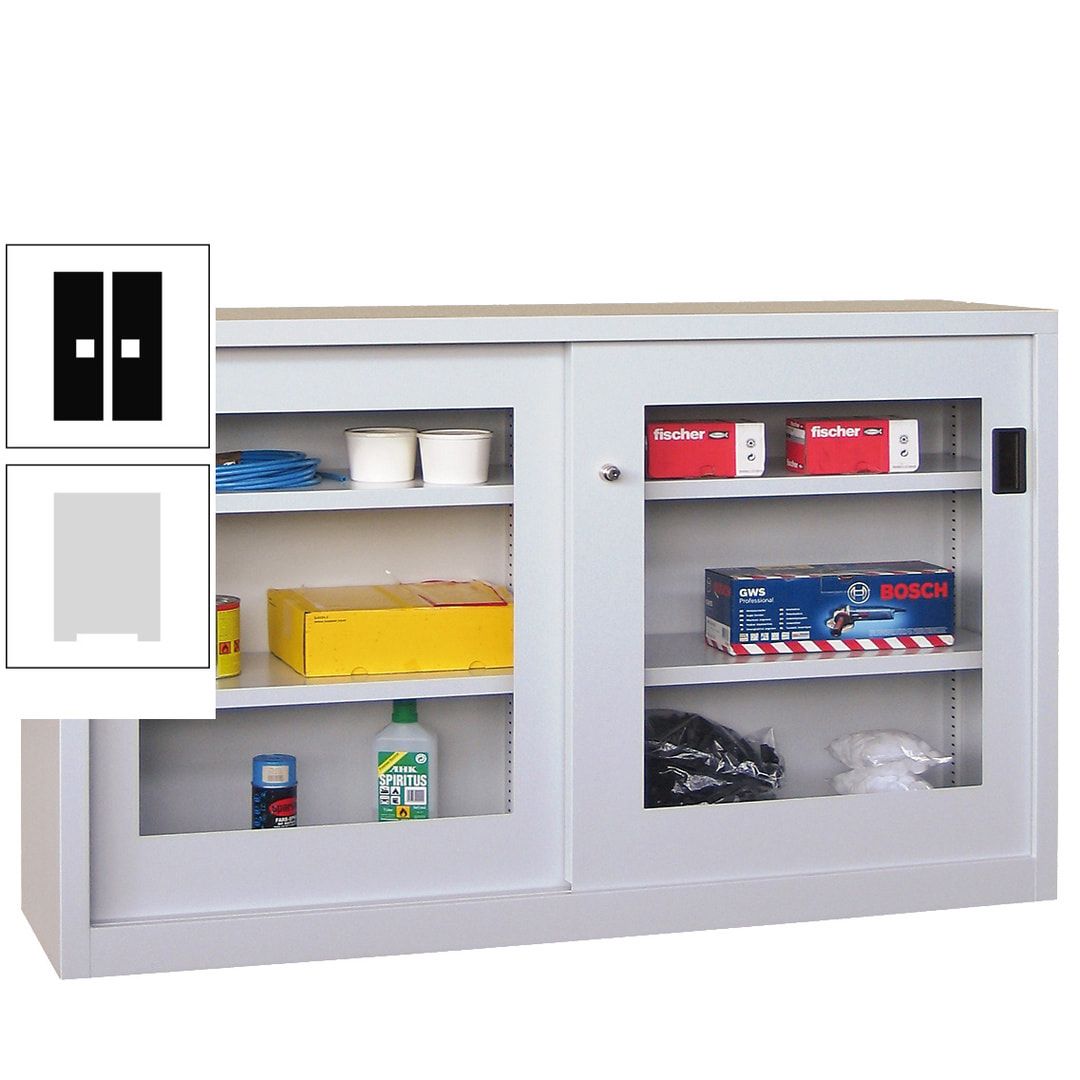 Schiebetürenschrank - Sichtfenstertüren - 1.000x1.500x600 mm (HxBxT) - 4 Böden, verzinkt - Zylinderschloss - anthrazitgrau