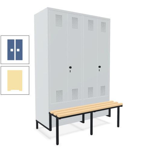 Doppel-Spind, Garderobenschrank, Buche Sitzbank integriert, 4 Abteile 300 mm, Korpus anthrazitgrau, Tür anthrazitgrau, 1.850 x 1.200 x 815 mm (HxBxT)