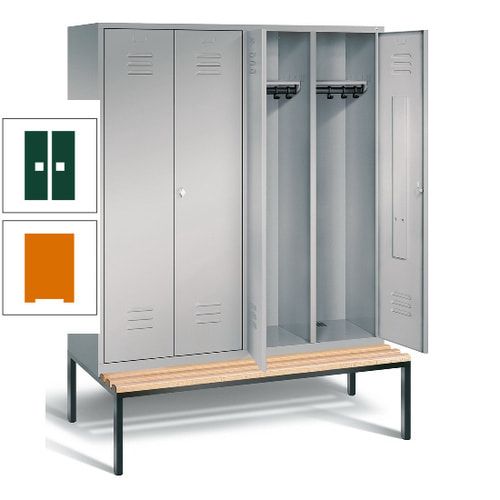 Doppel-Spindschrank, Buche Sitzbank untergebaut, 4 Abteile a 400 mm, Korpus lichtgrau, Tür anthrazitgrau, 2.090 x 1.590 x 815 mm (HxBxT)