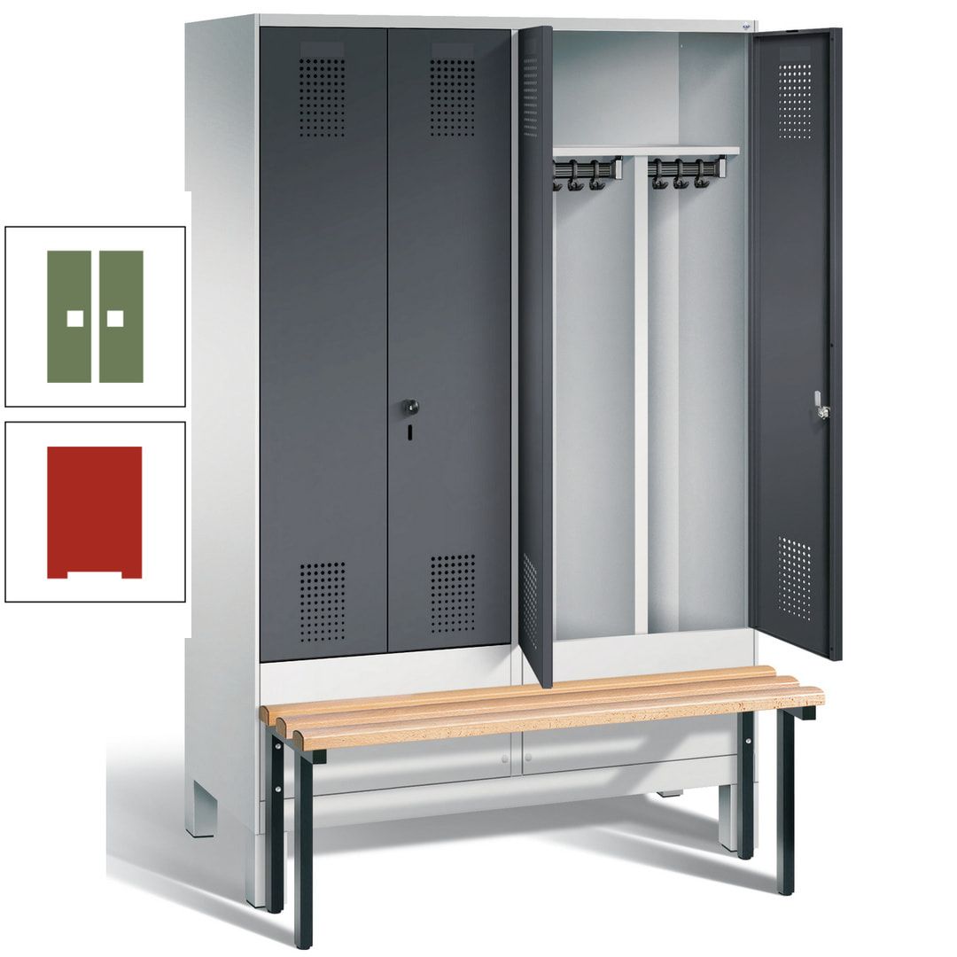 Doppel-Spind, Garderobenschrank, Buche Sitzbank vorgebaut, 4 Abteile a 300 mm, Korpus feuerrot, Tür Wasserblau, 1.850 x 1.200 x 815 mm (HxBxT)