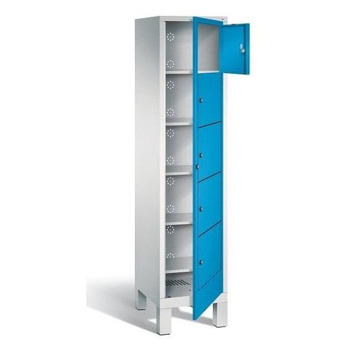 Wäscheschrank, Ausgabeschrank, Fächerschrank, Zentraltür, Füße, 5 Fächer, Korpus Pastellgelb, Tür anthrazitgrau, 1.850 x 420 x 500 mm (HxBxT)