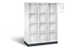 Schließfachschrank, Fächerschrank mit Türen aus Acrylglas, 3 Abteile, 12 Fächer, Zylinderschloss, 1.750 x 1.220 x 500 mm (HxBxT), Korpus wählbar