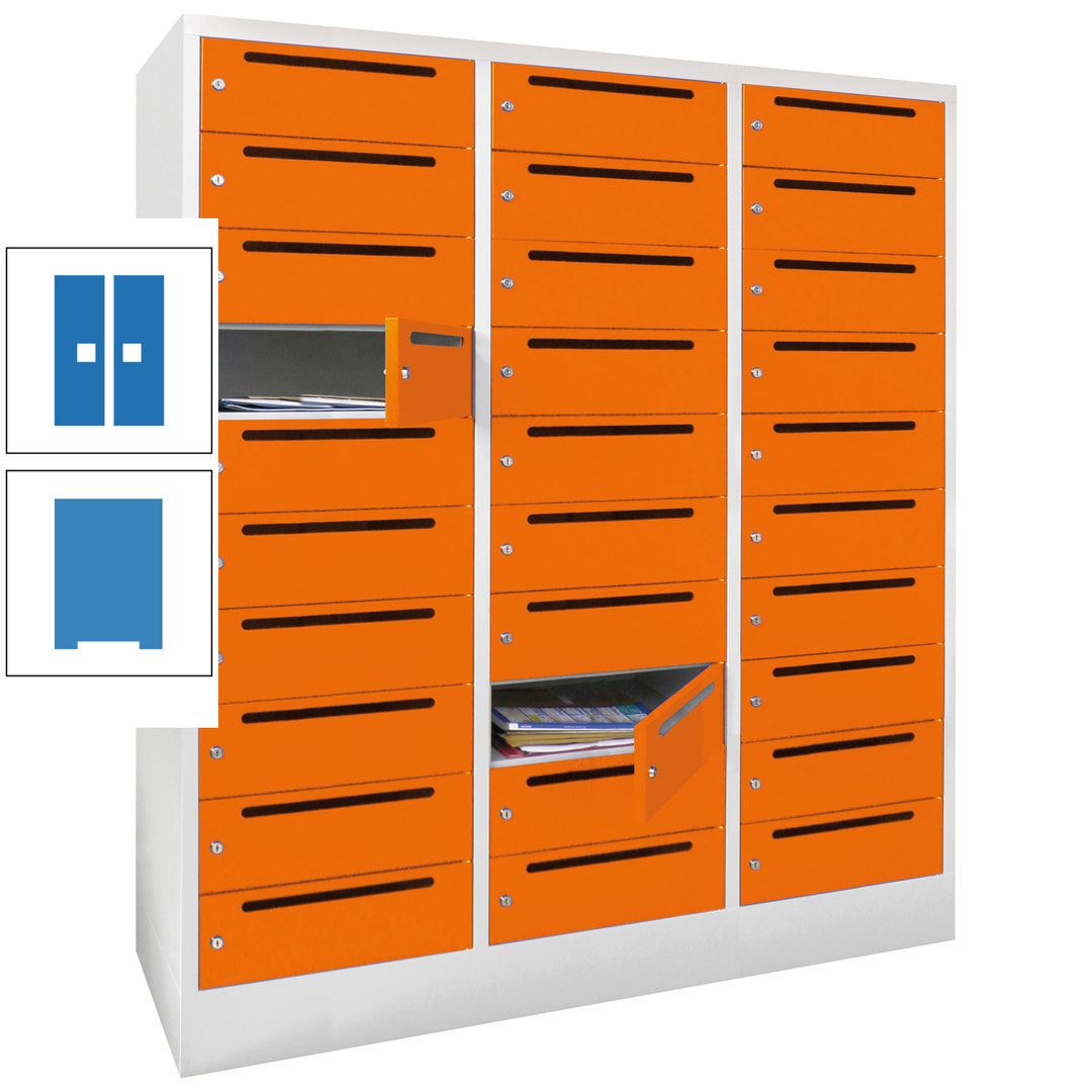 Postverteilerschrank, Schließfachschrank, 3 Abteile a 40 cm, 30 Fächer, 1.850 x 1.200 x 500 mm (HxBxT), Korpus anthrazitgrau, Front anthrazitgrau