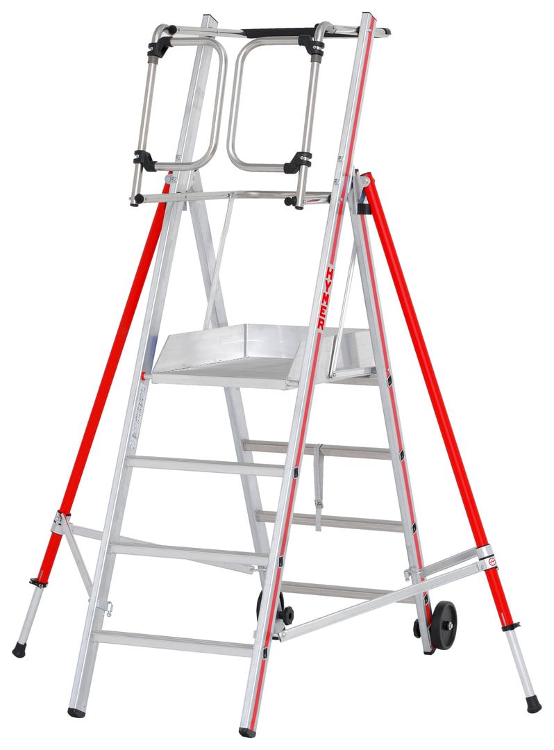 Erweiterbare Plattformleiter - Länge 1.850 mm - Plattform mit Geländer - mit Ablageschale - Aluleiter