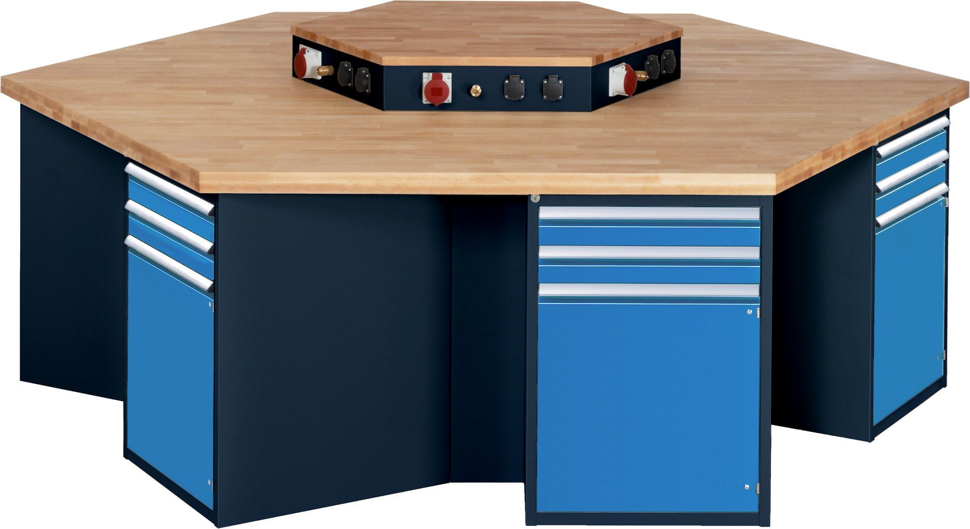 Gruppenwerkbank, Buche, Höhe 840 mm, mit Energieaufsatz, Unterbau-Container, 2 Schubladen, 1 Tür, 1 Boden - Anthrazitgrau