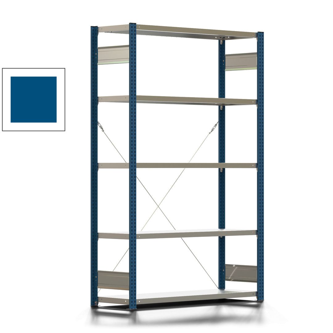 Fachbodenregal mit Tiefenriegel - 350 kg - 2.000 x 1.285 x 426 mm (HxBxT) - Anbauregal - 5 Böden - enzianblau - Lagerregal - Steckregal BERT