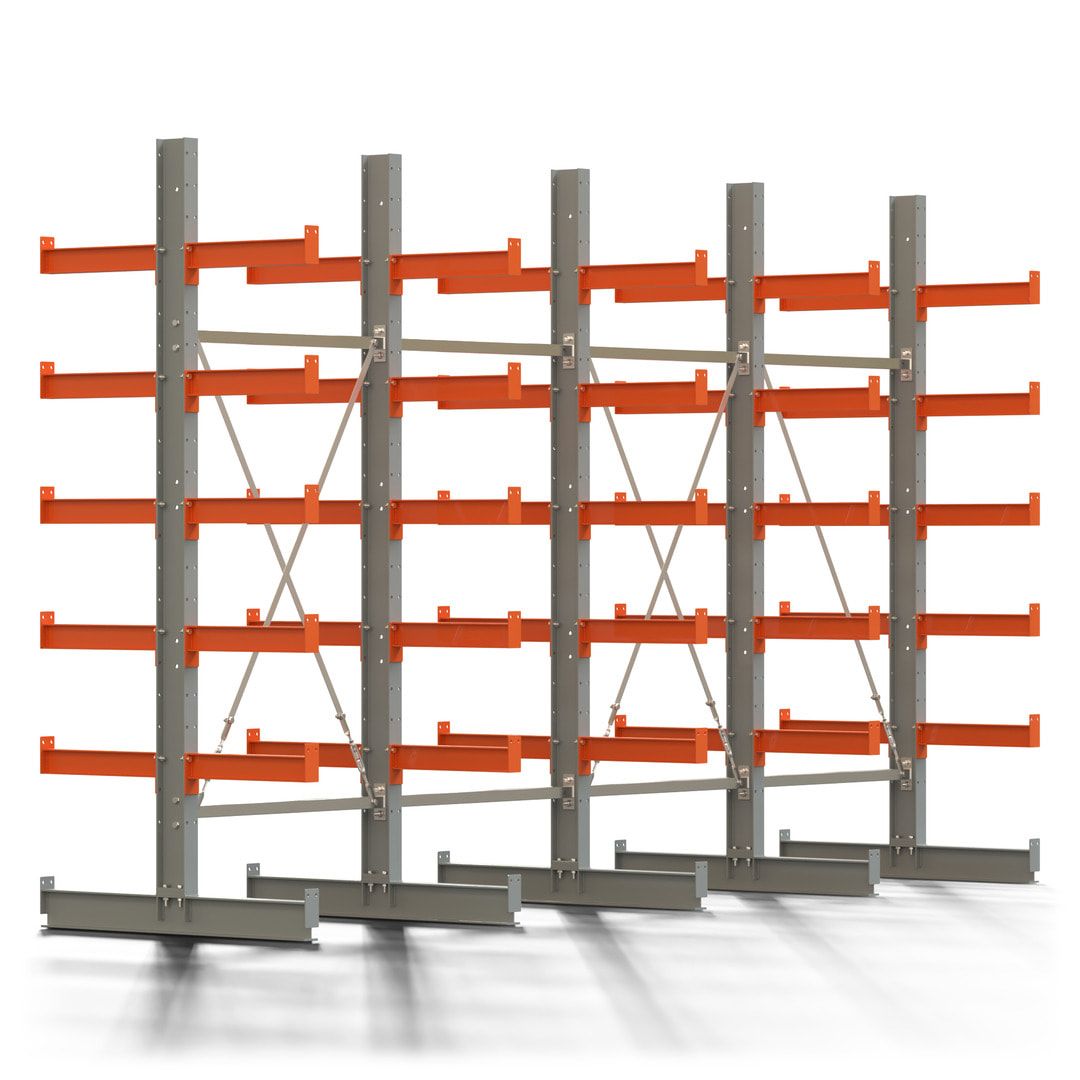 Doppelseitiges Kragarmregal, 2 Felder, 2.500 x 2.000 x 1.120 mm (HxBxT), Nutztiefe 500 mm, Kragarmlast 870 kg, KARL basic, silbergrau/reinorange