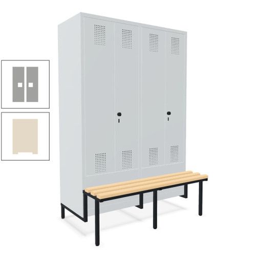 Doppel-Spind, Garderobenschrank, Buche Sitzbank integriert, 4 Abteile 300 mm, Korpus anthrazitgrau, Tür anthrazitgrau, 1.850 x 1.200 x 815 mm (HxBxT)