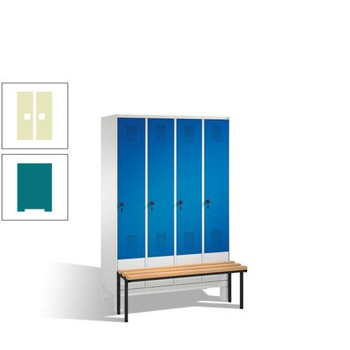 Stahl-Garderobenschrank, Spind, Buche Sitzbank vorgebaut, 4 Abteile a 300 mm, Korpus Lichtgrün, Tür Schwefelgelb, 1.850 x 1.200 x 815 mm (HxBxT)