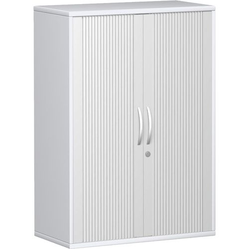 Querrollladenschrank, Dekoreinlageboden, Metallsockel/Standfüße, abschließbar, 1.152 x 1.000 x 425 mm (HxBxT), Korpusfarbe Ahorn, Frontfarbe silber