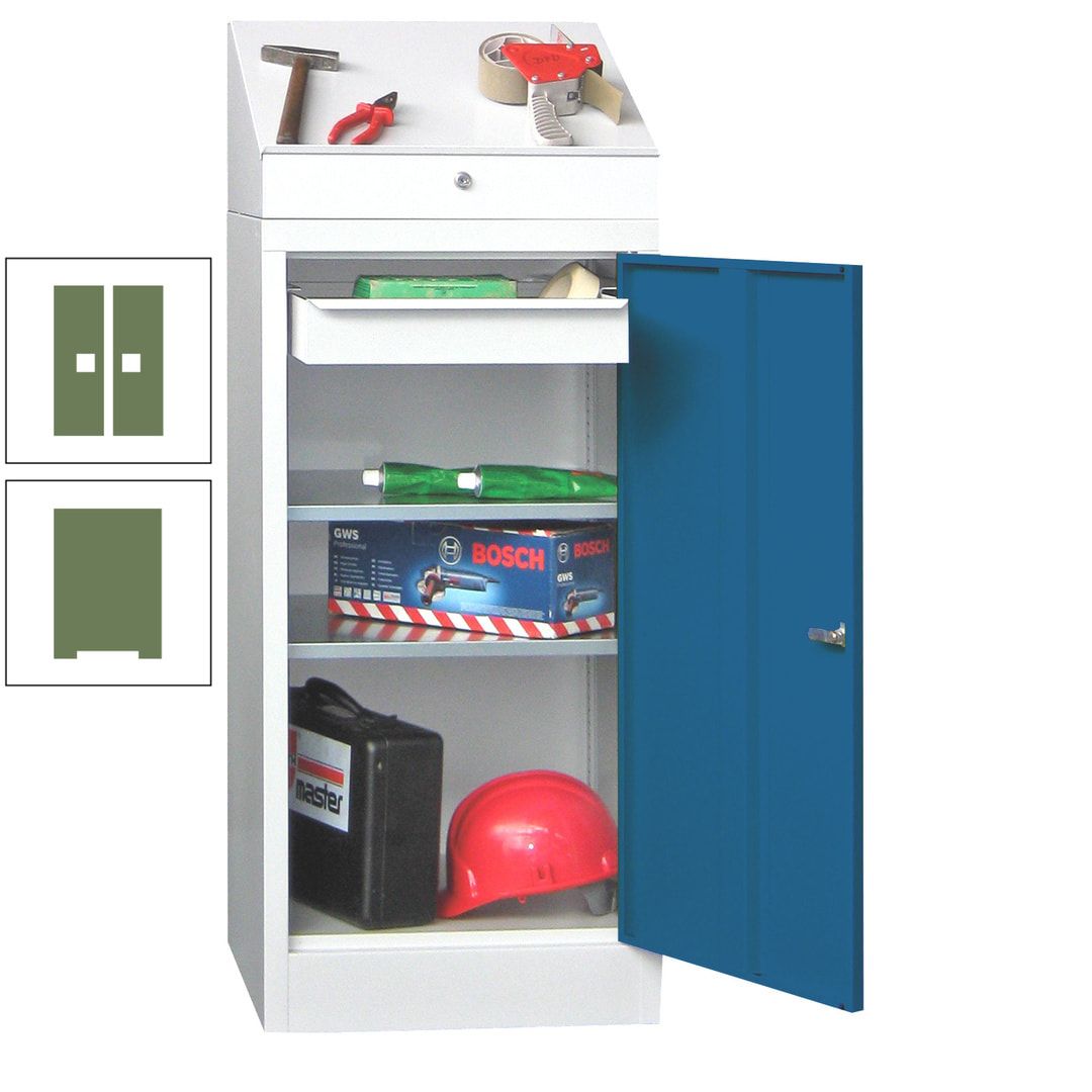 Stehpult mit Schrank - Vollblechtür - 1 Einlegeboden, 1 Ausziehboden, 1 Schublade - 1.270x500x500 mm (HxBxT) - anthrazitgrau