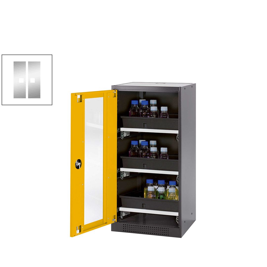 Chemikalienschrank - Flügeltür - Türanschlag links - 2 Tablarauszüge - 1.105 x 545 x 520 mm (HxBxT) - anthrazitgrau/enzianblau