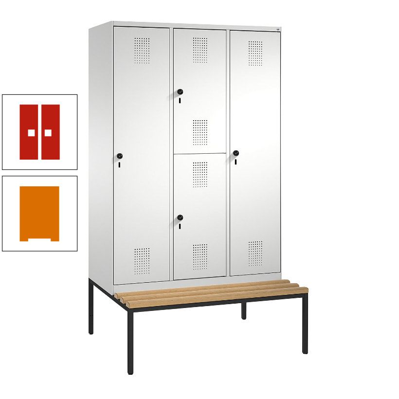 Garderobenschrank, Spind ein- und doppelstöckig Sitzbank, 3 Abteile, 4 Fächer, 2.090x1.200x500 mm (HxBxT), Front anthrazitgrau, Korpus anthrazitgrau