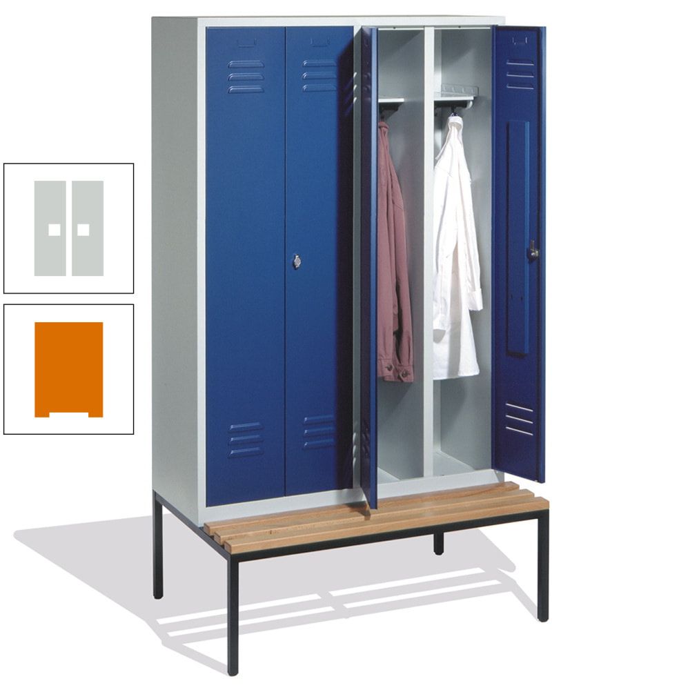 Doppel-Spindschrank, Buche Sitzbank untergebaut, 4 Abteile a 300 mm, Korpus lichtgrau, Tür anthrazitgrau, 2.090 x 1.190 x 815 mm (HxBxT)