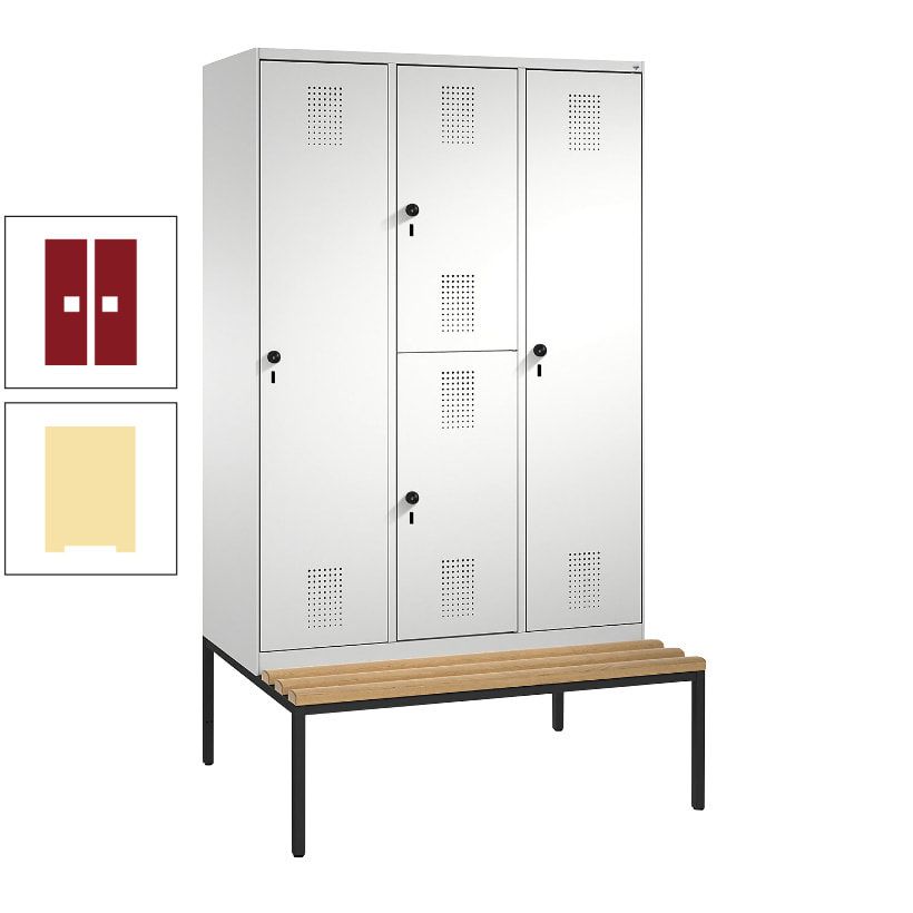 Garderobenschrank, Spind ein- und doppelstöckig Sitzbank, 3 Abteile, 4 Fächer, 2.090x1.200x500 mm (HxBxT), Front anthrazitgrau, Korpus anthrazitgrau