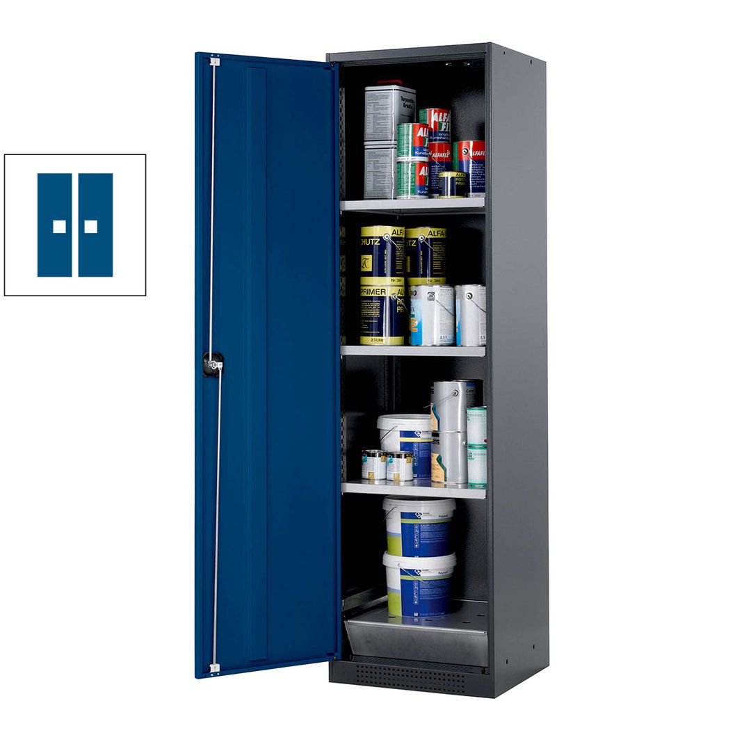 Chemikalienschrank - Flügeltür, enzianblau - Türanschlag links - 3 Fachböden - 1.950 x 545 x 520 mm - Stahl, pulverb.