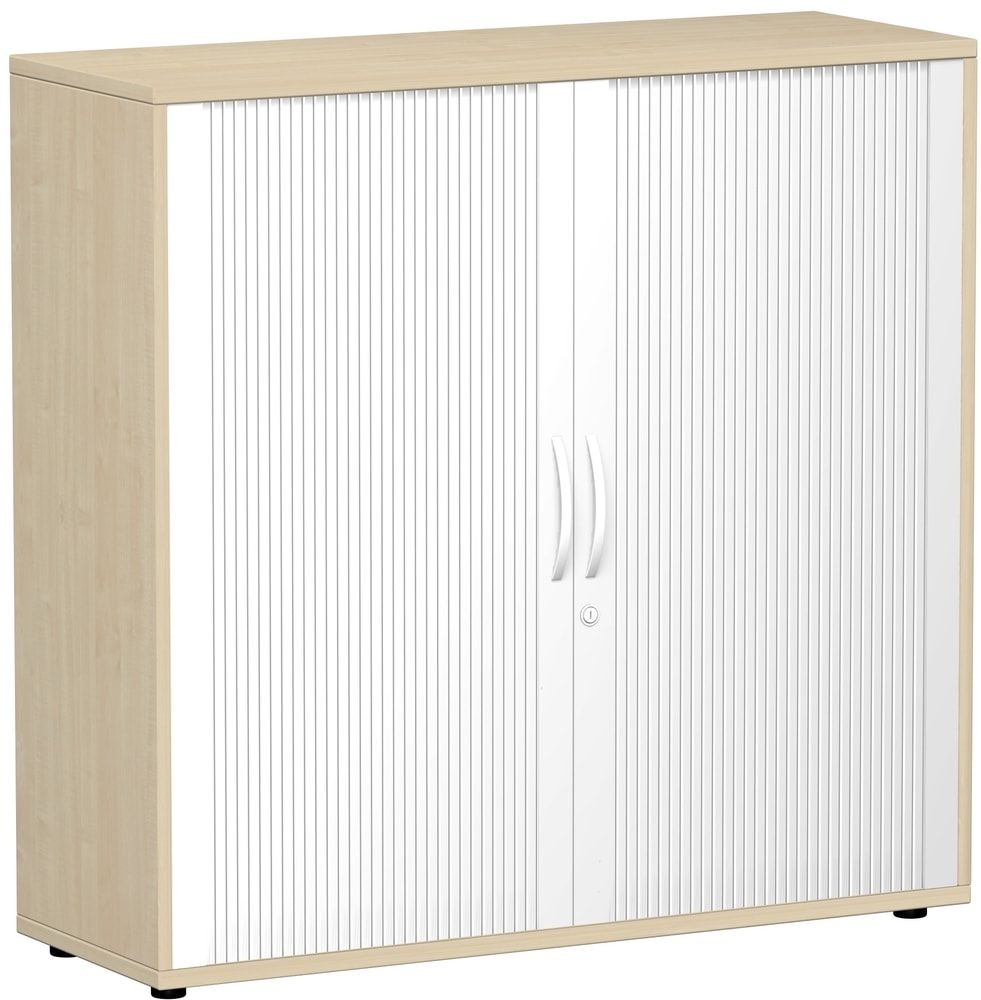 Querrollladenschrank, freistehend, 3 Ordnerhöhen, Schloss, Fachboden 32 mm Raster, 798 x 1.200 x 425 mm(HxBxT), Rollladen silber, Korpusfarbe Nussbaum