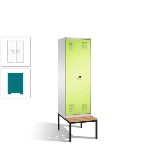 Doppel-Spind, Garderobenschrank, Buche Sitzbank untergebaut, 2 Abteile a 300 mm, Korpus anthrazitgrau, Tür anthrazitgrau, 2.090 x 600 x 815 mm (HxBxT)