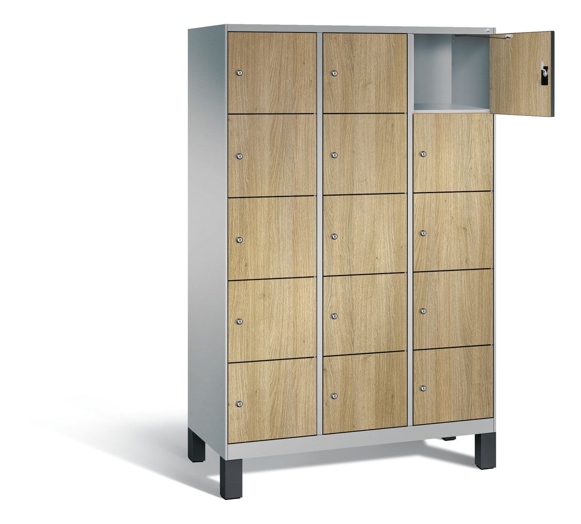 Garderobenschrank, Spindschrank auf Füßen, 3 Abteile, 15 Fächer, 1.850 x 1.200 x 500 mm (HxBxT), Dekorfront HPL Donau-Ahorn, Korpus anthrazitgrau