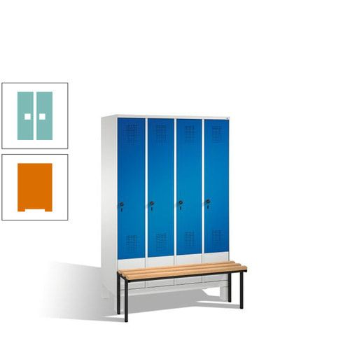 Stahl-Garderobenschrank, Spind, Buche Sitzbank vorgebaut, 4 Abteile a 300 mm, Korpus Lichtgrün, Tür Schwefelgelb, 1.850 x 1.200 x 815 mm (HxBxT)