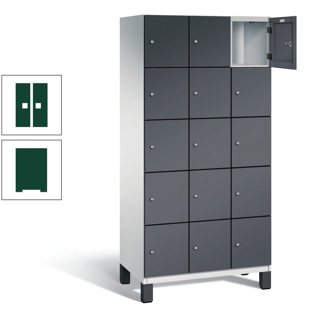 Fächerschrank, Stahlschrank, 15 Fächer, Türöffnungsbegrenzer, Füße, 1.980 x 900 x 525 mm (HxBxT), Korpus anthrazitgrau, Front anthrazitgrau
