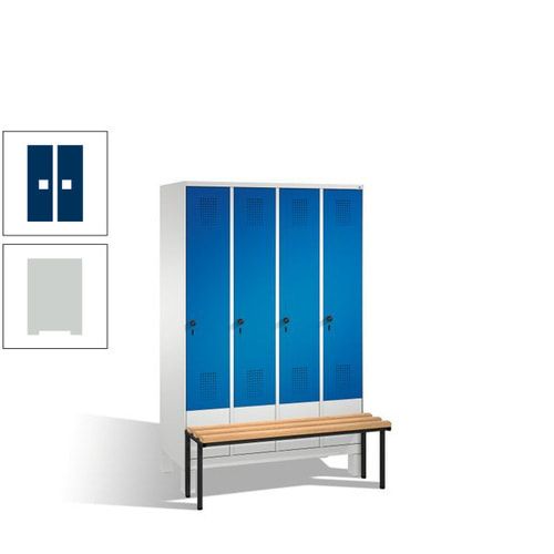 Stahl-Garderobenschrank, Spind, Buche Sitzbank vorgebaut, 4 Abteile a 300 mm, Korpus Lichtgrün, Tür Schwefelgelb, 1.850 x 1.200 x 815 mm (HxBxT)